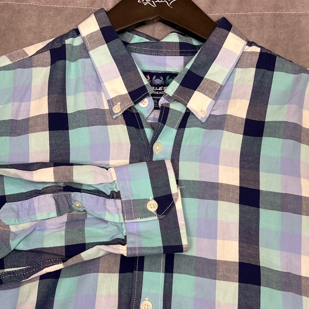 Charleston Threads Button Down Men XL Blue Teal Plaid Excellent Cotton L/S